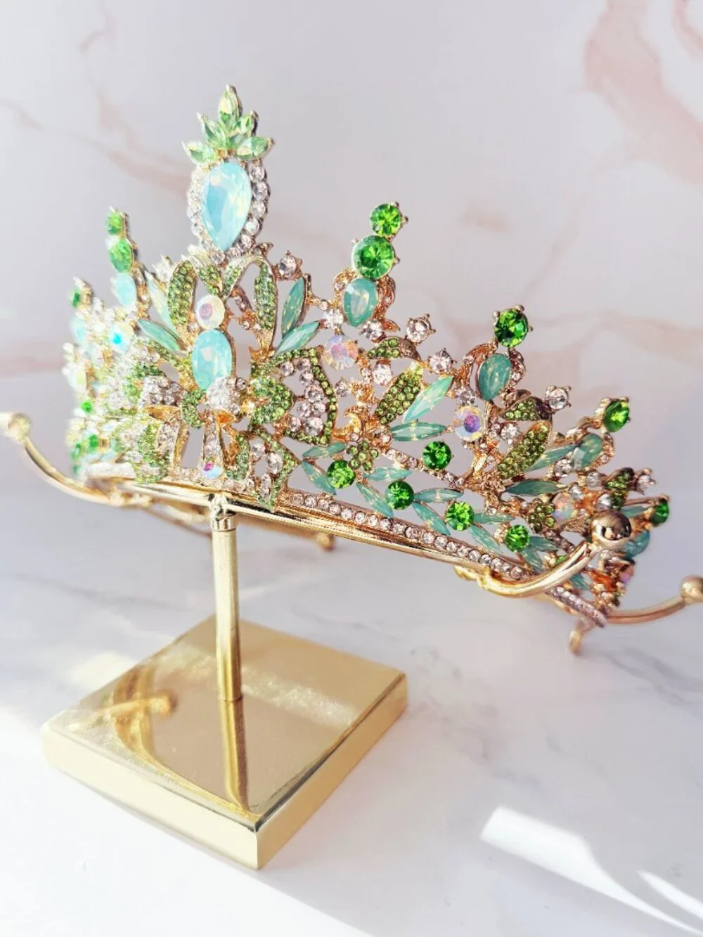 Green Peacock Crystal Tiara Gold Tone Rhinestone Crown Wedding Pageant Prom